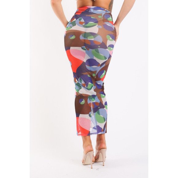 Women's Graphic Printed Mesh Maxi Skirt Party Casual Lace Up V Waist - Picture 7 of 10